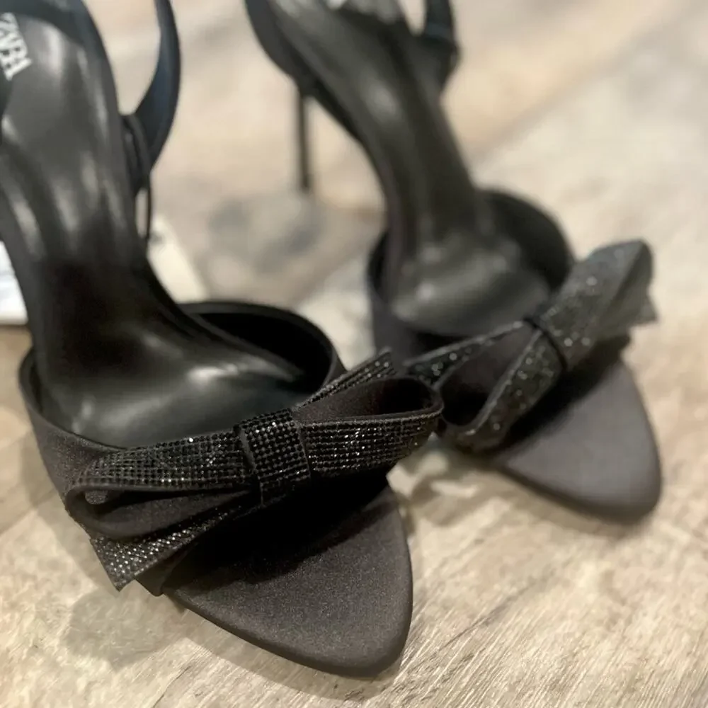 ZARA Embellished Slingback Bow Heels NWT — Size 8 Black Satin - Picture 15 of 16